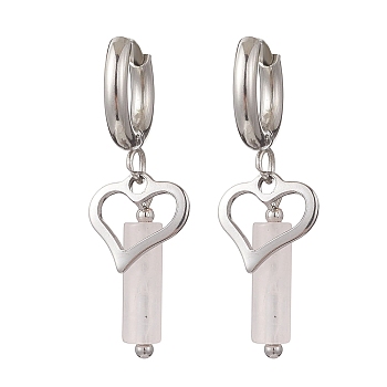 304 Stainless Steel Rose Quartz Column Hoop Earrings, with 201 Stainless Steel Earring Findings, Stainless Steel Color, Heart, 35x11mm