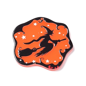 Halloween Theme Opaque Printed Acrylic Pendants, Flower Charms, Coral, 36x37x2mm, Hole: 1.6mm