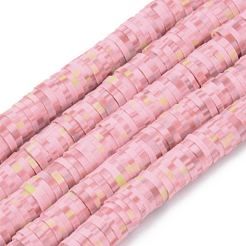 Handmade Polymer Clay Beads Strands, for DIY Jewelry Crafts Supplies, Heishi Beads, Disc/Flat Round, Pink, 6x0.5~1mm, Hole: 1.8mm, about 320~447pcs/strand, 15.75 inch~16.14 inch(40~41cm)