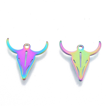 Ion Plating(IP) 201 Stainless Steel Charms, Cattle Head, Rainbow Color, 14.5x14x1mm, Hole: 1.2mm