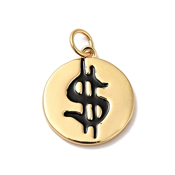 Rack Plating Brass Enamel Pendants, with Jump Rings, Real 18K Gold Plated, Cadmium Free & Nickel Free & Lead Free, Flat Round with Dollar, Black, 17x15x1.5mm, Hole: 3.6mm