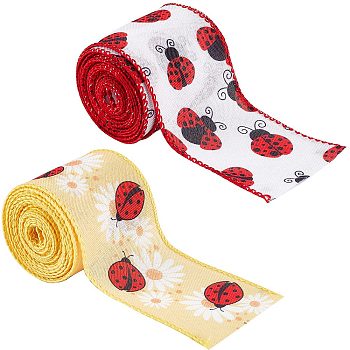 2 Rolls 2 Patterns Insect Theme Polyester Ribbon, for Scene Decoration, Gift Wrapping, Ladybug/Bees Pattern, Red, Ladybug Pattern, 2-1/2 inch(63mm), about 6 yards/roll, 1 roll/pattern