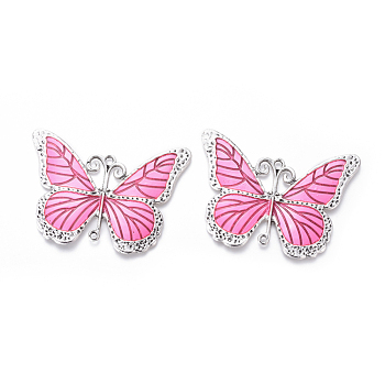 Alloy Enamel Big Pendants, Butterfly, Antique Silver, Flamingo, 64x86x3mm, Hole: 3.5mm and 2.5mm