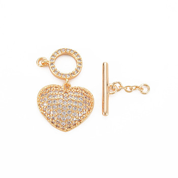 Brass Micro Pave Clear Cubic Zirconia Toggle Clasps, Clover, Nickel Free, Heart, Real 18K Gold Plated, 40mm, Hole: 1.4mm