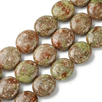 Natural Unakite Beads Strands, Flat Oval, 15~16x13.5~14x6~7mm, Hole: 1mm, about 26pcs/strand, 15.79''(40.1cm)