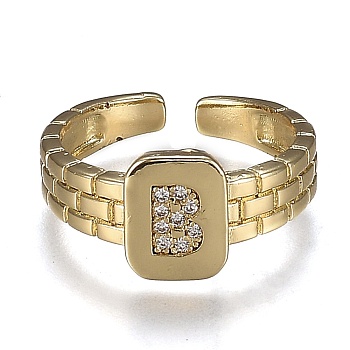 Brass Micro Pave Clear Cubic Zirconia Cuff Rings, Open Rings, Cadmium Free & Lead Free, Rectangle, Golden, Letter.B, US Size 6 1/4, Inner Diameter: 16.8mm
