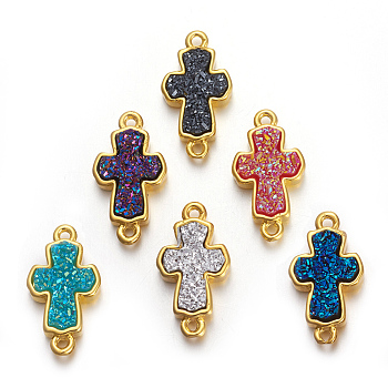 Brass Links connectors, with Druzy Resin, Golden Plated Color, Cross, Mixed Color, 18x9.5x3.5mm, Hole: 1.3mm