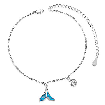 SHEGRACE Rhodium Plated 925 Sterling Silver Charm Anklets, with Epoxy Resin and Cubic Zirconia, Whale Tail Shape, Platinum, 8-1/4 inch(21cm)