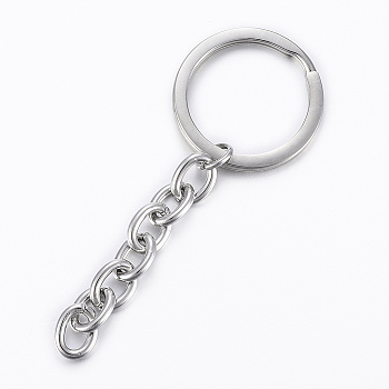 Polishing 304 Stainless Steel Split Key Rings, Keychain Clasp Findings, with Extended Chains, Stainless Steel Color, 84mm