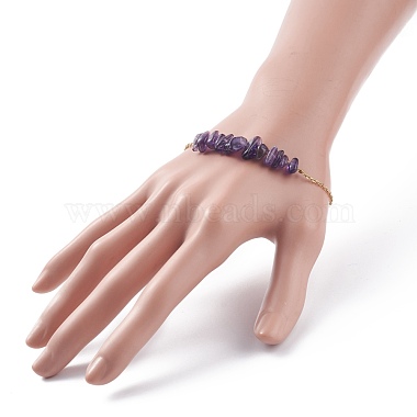 2Pcs 2 Color Natural Amethyst Chip Beaded Link Bracelets Set with 304 Stainless Steel Cable Chains(BJEW-JB07914-03)-3
