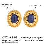 304 Stainless Steel Oval Stud Earrings, with Natural Lapis Lazuli, Golden, 30x25.5mm(CP7182-2)