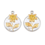 304 Stainless Steel & ABS Plastic Pearl & Rhinestone Pendants, Flat Round with Flower Pattern Charms, Ion Plating(IP), Real Gold Plated & Stainless Steel Color, 26.5x21x4mm, Hole: 2mm(STAS-G398-14GP)