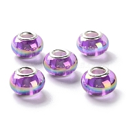 UV Plating Resin European Beads, Rondelle Large Hole Beads, with Platinum Tone Alloy Double Cores, Medium Purple, 13.5x9mm, Hole: 5mm(RESI-M001-03D)