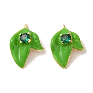 Brass Enamel Pendants, with Glass, Real 18K Gold Plated, Leaf Charm, Lime Green, 16x11.5x6mm, Hole: 1mm(KK-S368-06G)