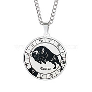 Unisex 201 Stainless Steel Constellation Pendant Necklaces, with Curb Chains, Laser Engraved Pattern, Flat Round, Taurus, 13.19 inch(335mm) (NJEW-T011-LA721-2)