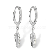 Rhodium Plated 925 Sterling Silver Dangle Hoop Earrings, Feather, with S925 Stamp, Platinum, 24mm(RO4900-2)