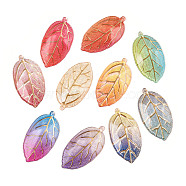 Printed Translucent Acrylic  Pendants, Golden Metal Enlaced, Leaf, Mixed Color, 40x21x5mm, Hole: 1.4mm(OACR-T028-24)