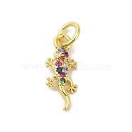 Real 18K Gold Plated Brass Pave Colorful Cubic Zirconia Pendants, with Jump Rings, Lizard, 15x6x2mm, Hole: 3mm(KK-M283-06D-02)