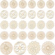 96Pcs 4 Style Brass Links Connectors, Filigree Joiners, Etched Metal Embellishments, Long-Lasting Plated, Flat Round & Flower, Light Gold, 13~13.5x0.3mm, Hole: 1.2mm, 24pcs/style(KKC-CA0001-05)