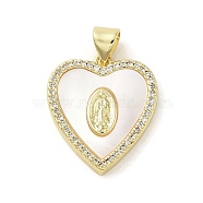 Shell Heart Pendants, Brass Micro Pave Clear Cubic Zirconia Religion Virgin Mary Charms, Real 14K Gold Plated, 20x17x3mm, Hole: 4.5x3.5mm(KK-E091-01G)