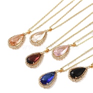 Brass Micro Pave Cubic Zirconia Pendant Necklaces,  Glass Jewelry for Women, 201 Stainless Steel Cable Chain Necklaces, Teardrop, Mixed Color, 15.75 inch(40cm)(NJEW-E106-18KCG)
