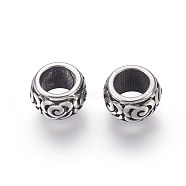 304 Stainless Steel Beads, Large Hole Beads, Rondelle with Rose/Flower, Antique Silver, 10x6.5mm, Hole: 6mm(STAS-E446-13AS)