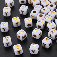 Opaque White Acrylic Beads, Metal Enlaced, Cube with Letters, Letter.Y, 4.5mm, Hole: 2mm, about 5000pcs/500g(MACR-Q242-010Y)