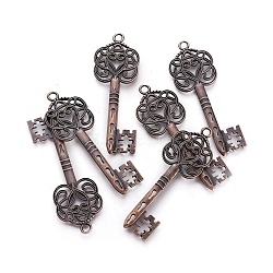 Tibetan Style Pendants, Skeleton Key Pendants, Lead Free and Cadmium Free, Red Copper, 60x22x2mm, Hole: 2mm(TIBEB-LF9750YKG-R-LF)