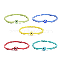 5Pcs 5 Colors MIYUKI Seed Beaded Stretch Bracelets Set with Evil Eye, Lucky Protection Jewelry for Women, Mixed Color, Inner Diameter: 2-1/4 inch(5.6cm)(BJEW-TA00055)