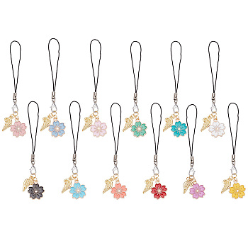 Cute Enamel Sakura Decoration Phone Charms Strap, Wing Cell Phone Pendant Decoration for Woman Girl, Mixed Color, 10.5cm, 12pcs/set