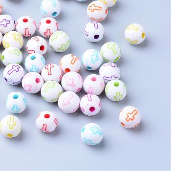 Craft Acrylic Beads, Round with Cross, White, 7~8mm, Hole: 1.5mm, about 1800pcs/500g