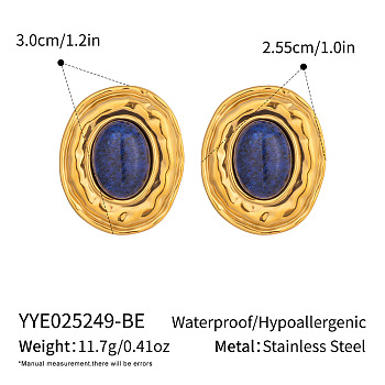 304 Stainless Steel Oval Stud Earrings, with Natural Lapis Lazuli, Golden, 30x25.5mm