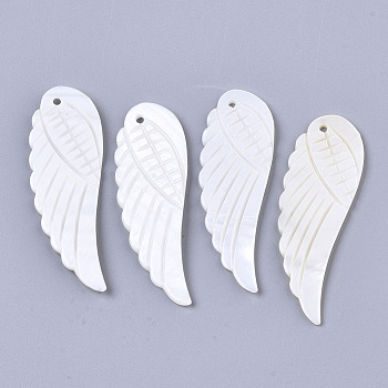 Natural Freshwater Shell Pendants, Carved, Wing, White, 49x16.5x2mm, Hole: 1.6mm