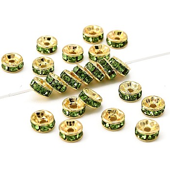 Brass Grade A Rhinestone Spacer Beads, Golden Plated, Rondelle, Nickel Free, Peridot, 5x2.5mm, Hole: 1mm
