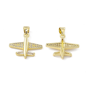 Rack Plating Brass Micro Pave Cubic Zirconia Pendants, Cadmium Free & Lead Free, Long-Lasting Plated, Airplane Charm, Real 18K Gold Plated, 17.5x20x3mm, Hole: 4x3.5mm