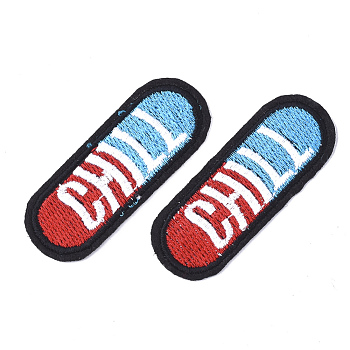 Computerized Embroidery Cloth Iron On Patches, Costume Accessories, Appliques, Capsule with Chill, Colorful, 60x22.5x1.5mm