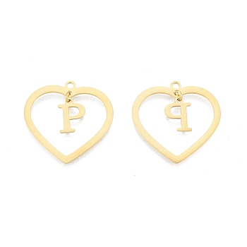 201 Stainless Steel Pendants, Hollow, Heart with Letter A~Z, Real 18K Gold Plated, Letter.P, 29x29.5x1mm, Hole: 2mm, A~Z: 12x8~10.5x1mm