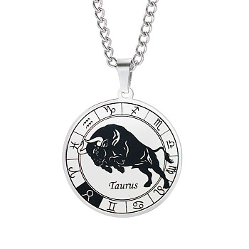 Unisex 201 Stainless Steel Constellation Pendant Necklaces, with Curb Chains, Laser Engraved Pattern, Flat Round, Taurus, 13.19 inch(335mm) 