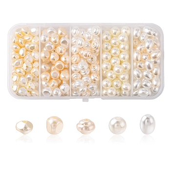 5 Styles Imitation Pearl Acrylic Beads, Round & Spiral & Oval & Nuggets, Seashell Color, 7.5~9x7~9x6~8mm, Hole: 0.5~2mm, about 220pcs/box