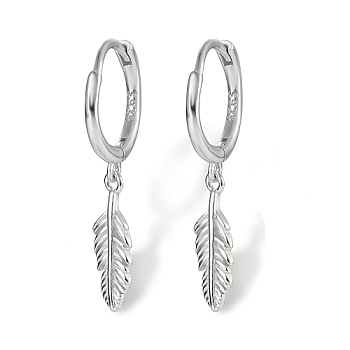 Rhodium Plated 925 Sterling Silver Dangle Hoop Earrings, Feather, with S925 Stamp, Platinum, 24mm
