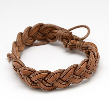 Trendy Unisex Casual Style Braided Waxed Cord and Leather Bracelets, Chocolate, 58mm