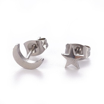 304 Stainless Steel Stud Earrings, Hypoallergenic Earrings, with Ear Nuts/Earring Back, Moon & Star, Stainless Steel Color, 8x5mm, 6x6mm, Pin: 0.8mm