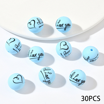 30Pcs Silicone Beads, Round with Word, Blue, 15mm
