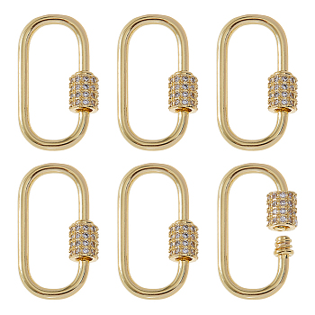 6Pcs Brass Micro Pave Clear Cubic Zirconia Screw Carabiner Lock Charms, for Necklaces Making, Oval, Golden, 25x15x5.5mm, Screw: 6~6.5x5.5mm, 6pcs/set