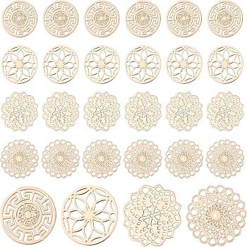 96Pcs 4 Style Brass Links Connectors, Filigree Joiners, Etched Metal Embellishments, Long-Lasting Plated, Flat Round & Flower, Light Gold, 13~13.5x0.3mm, Hole: 1.2mm, 24pcs/style