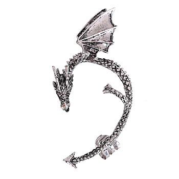 Alloy Dragon Cuff Earrings, Gothic Climber Wrap Around Earrings for Non Piercing Ear, Antique Silver, 80x45mm