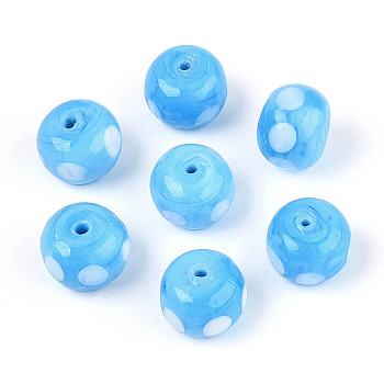 Handmade Lampwork Beads, Donut with Polka Dot, Deep Sky Blue, 11.5~12.5x8.5~9.5mm, Hole: 0.7~1.4mm