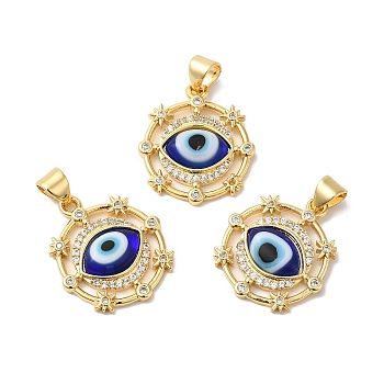 Handmade Evil Eye Lampwork Pendants, with Brass Cubic Zirconia Finding, Cadmium Free & Lead Free, Real 18K Gold Plated, Flat Round Charm, Medium Blue, 20.5x17.5x3.3mm, Hole: 3x4.3mm