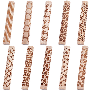 10Pcs 10 Styles Wood Handle Clay Texture Roller, Pottery Tools, Mixed Shapes, 98~100x13.5~15mm, 1pc/style
