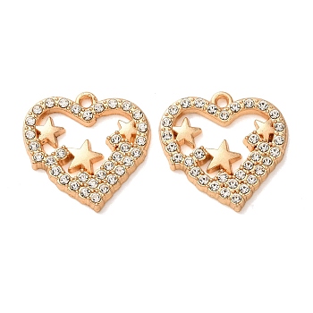 Alloy Rhinestone Pendants, Heart with Star Charms, Light Gold, 20x20x2mm, Hole: 1.5mm